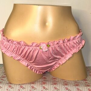Coquette Pink Silky Smooth Stretchy Satin With Rosette Cheeky Ruffled Panty NEW